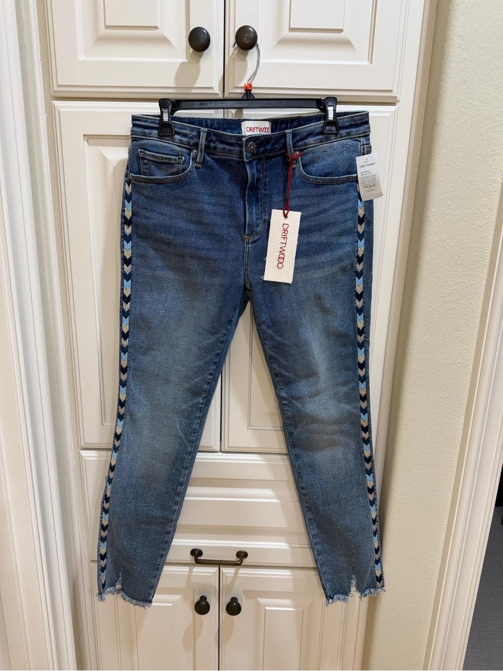 DRIFTWOOD Blue Denim Ankle Jeans with Embroidered Chevron Side Trim